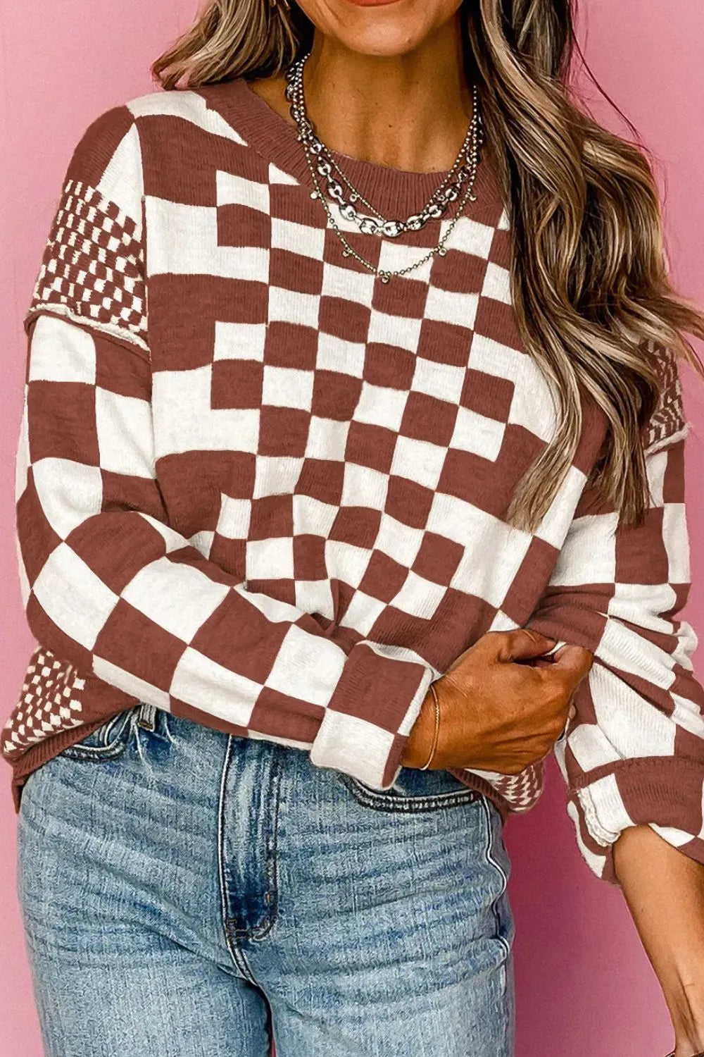 Checkered Round Neck Long Sleeve Sweater - Korvel
