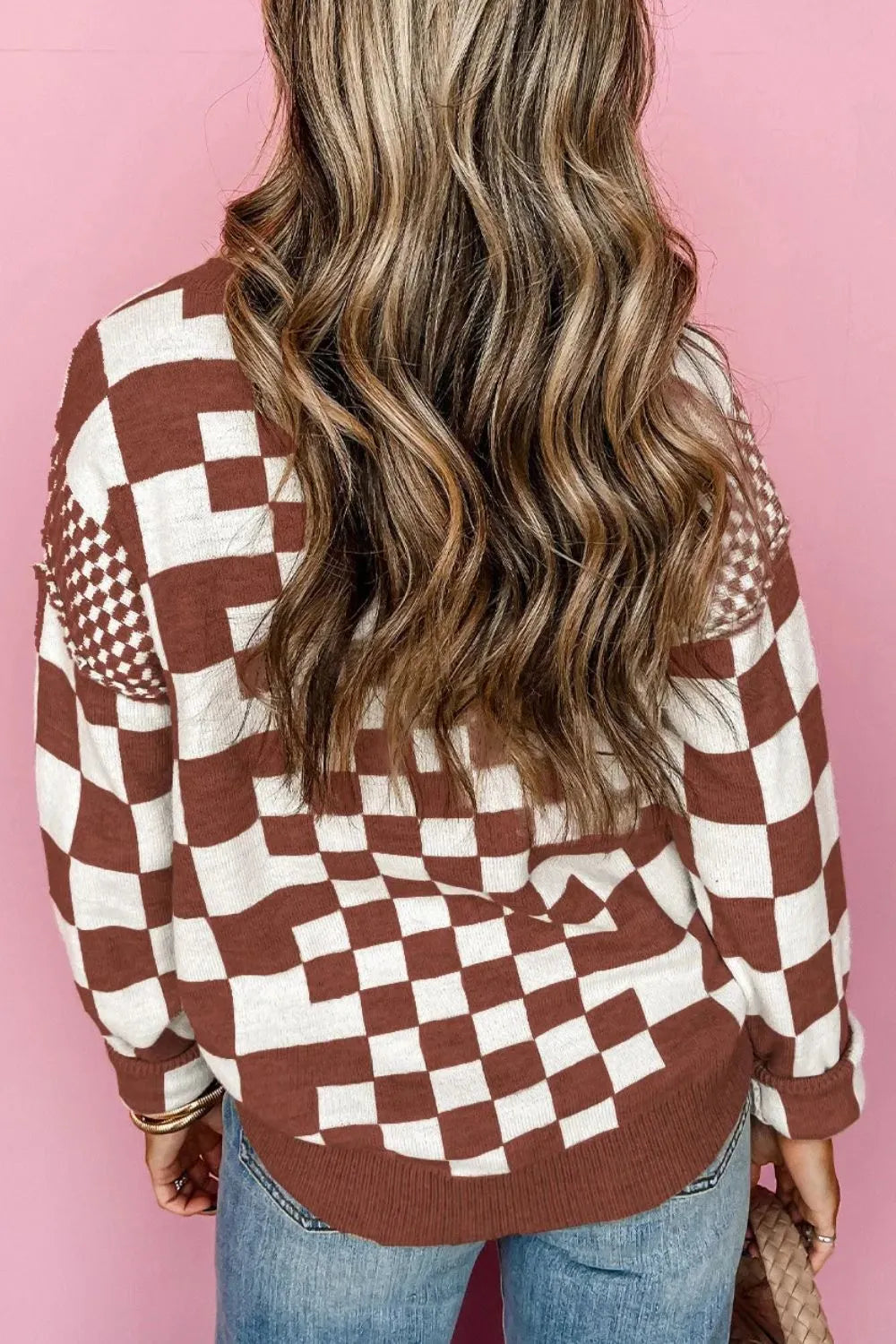 Checkered Round Neck Long Sleeve Sweater - Korvel