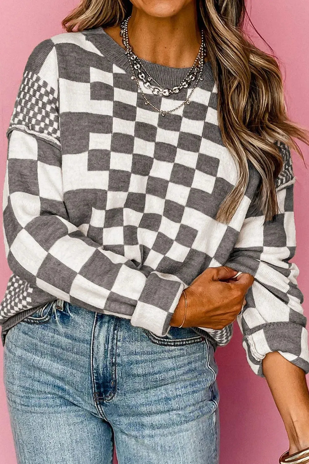 Checkered Round Neck Long Sleeve Sweater - Korvel