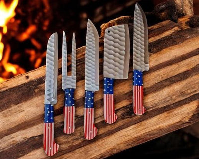 Premium Custom Handmade Chef Knife Set with American Flag Handles & Case - Korvel