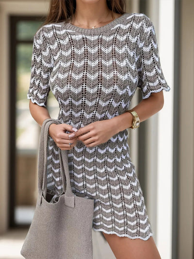Chevron Round Neck Short Sleeve Knit Dress - Korvel