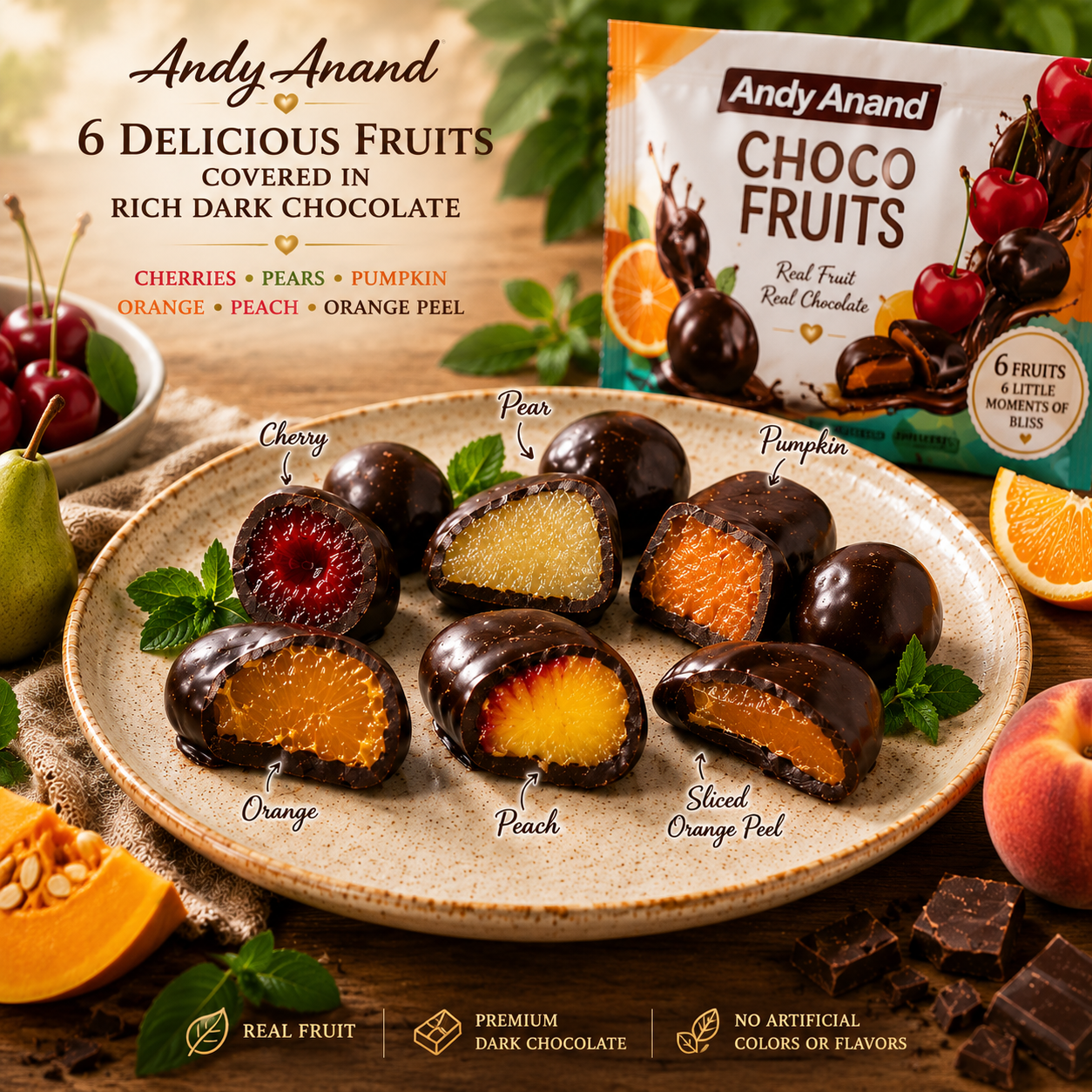 Caja de Regalo de Frutas Cubiertas de Chocolate ANDY ANAND - 20 Piezas
