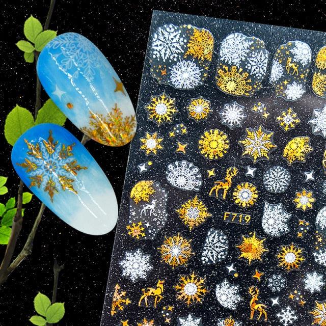 Elegant 3D Christmas Snowflake Nail Art Stickers - Gold & White Festive Designs - Korvel