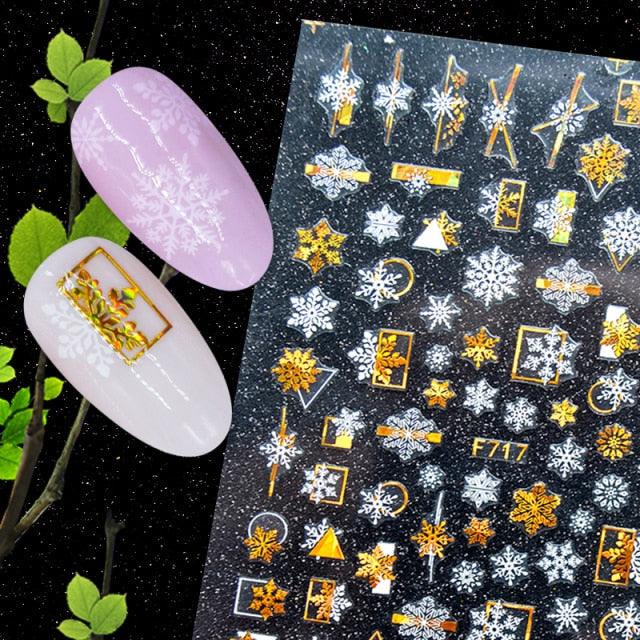 Elegant 3D Christmas Snowflake Nail Art Stickers - Gold & White Festive Designs - Korvel