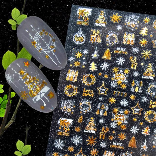Elegant 3D Christmas Snowflake Nail Art Stickers - Gold & White Festive Designs - Korvel