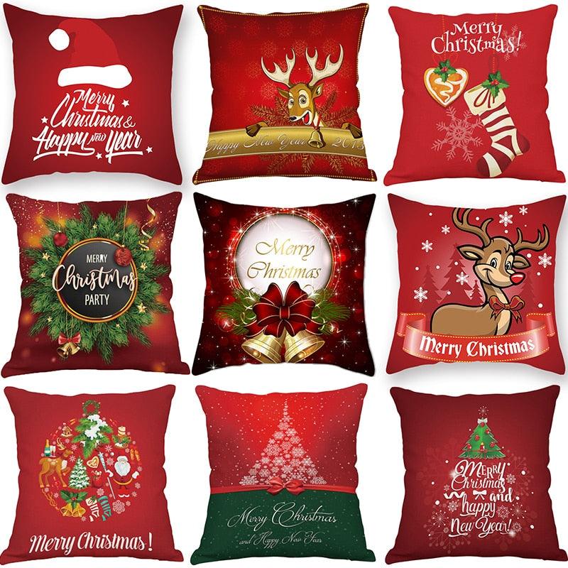 Funda de Almohada Roja de Navidad con Diseño de Santa y Muñeco de Nieve