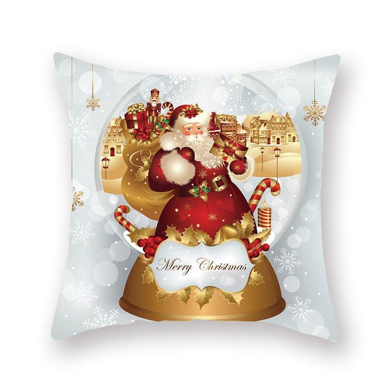 Funda de Almohada Roja de Navidad con Diseño de Santa y Muñeco de Nieve