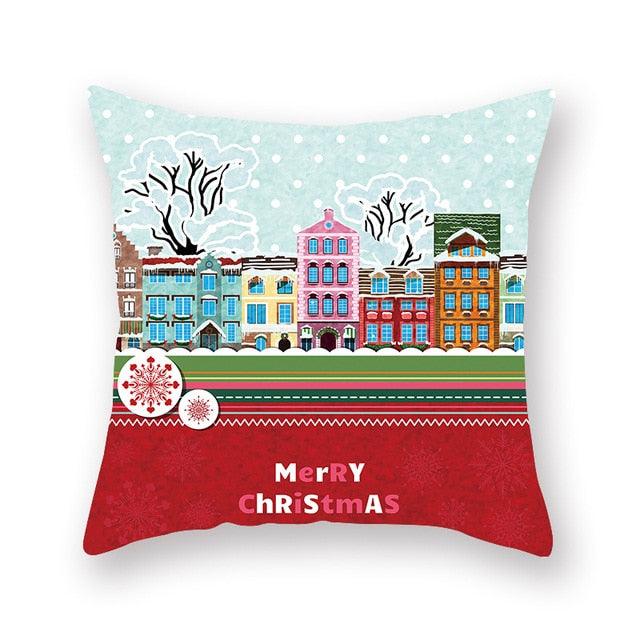 Funda de Almohada Roja de Navidad con Diseño de Santa y Muñeco de Nieve