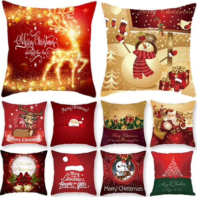 Christmas Red Pillow Case with Santa and Snowman Design