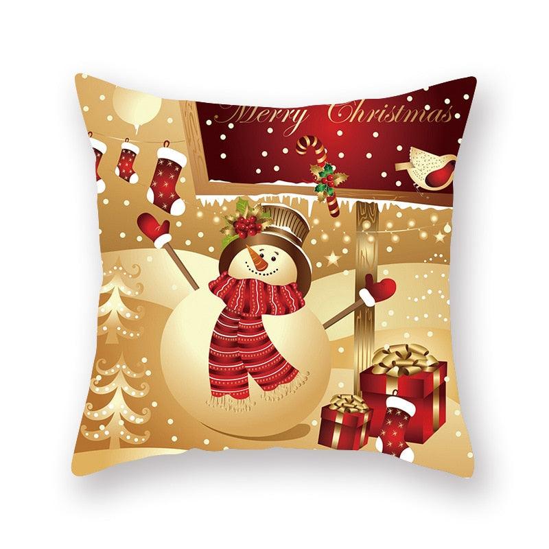 Funda de Almohada Roja de Navidad con Diseño de Santa y Muñeco de Nieve