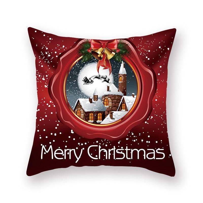 Funda de Almohada Roja de Navidad con Diseño de Santa y Muñeco de Nieve