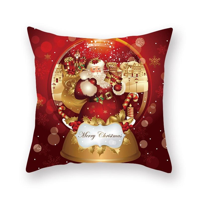 Funda de Almohada Roja de Navidad con Diseño de Santa y Muñeco de Nieve