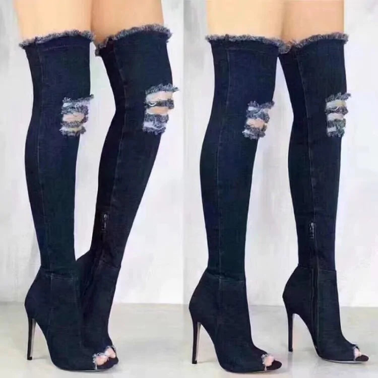 Bottes en Denim Stylées au Dessus du Genou