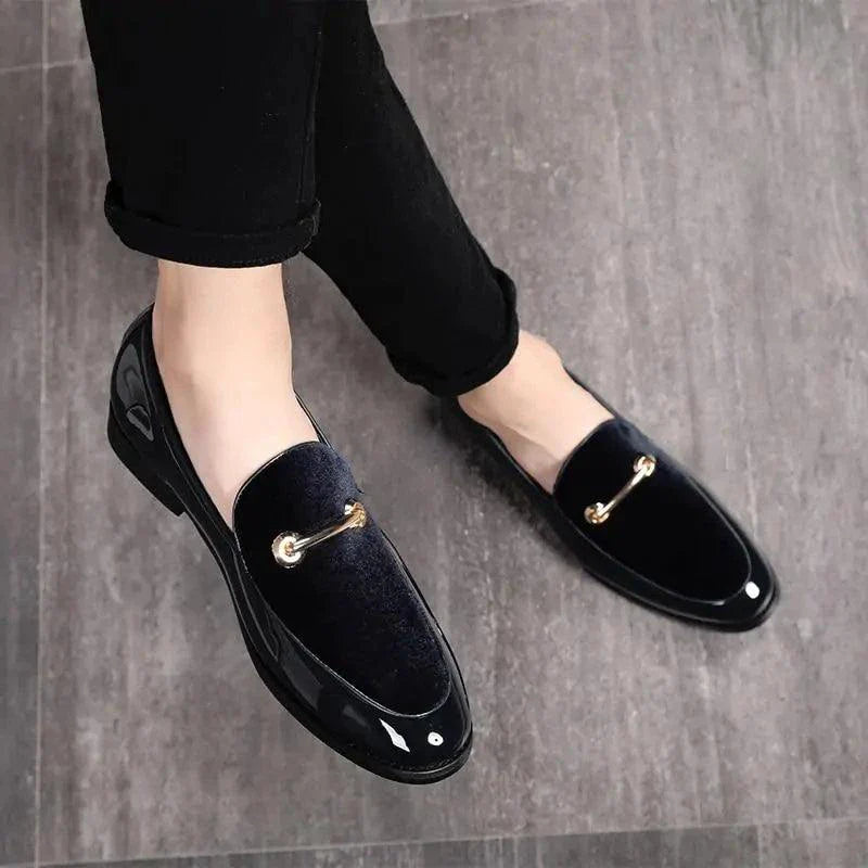 Mandotos Men's Classic Leather Loafers - Navy Slip-On Dress Shoes