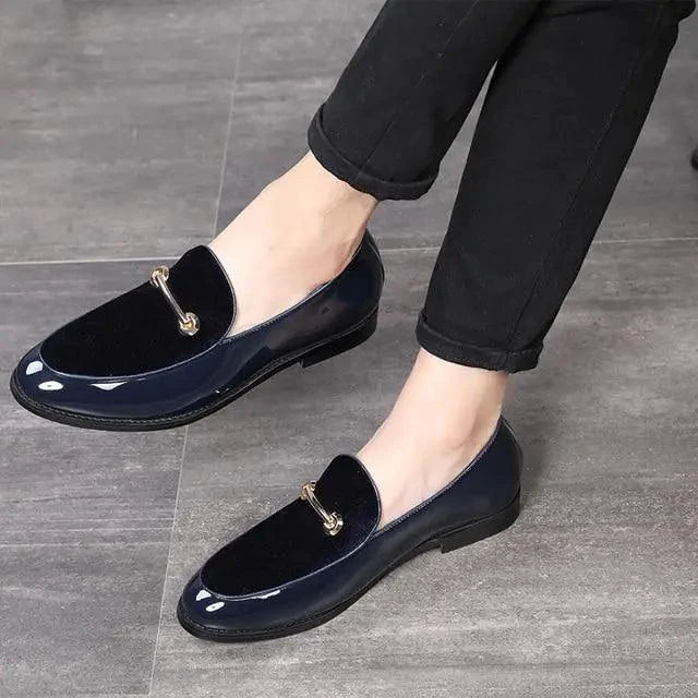 Mandotos Men's Classic Leather Loafers - Navy Slip-On Dress Shoes