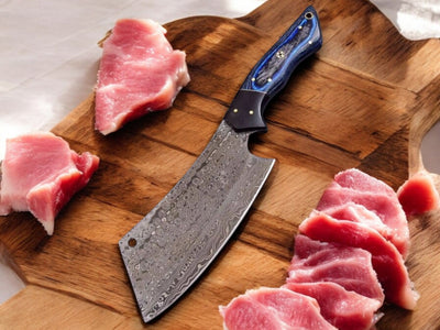 Premium Custom Damascus Steel Cleaver Knife with Blue Pakka Wood Handle – 10" with Leather Sheath - Korvel