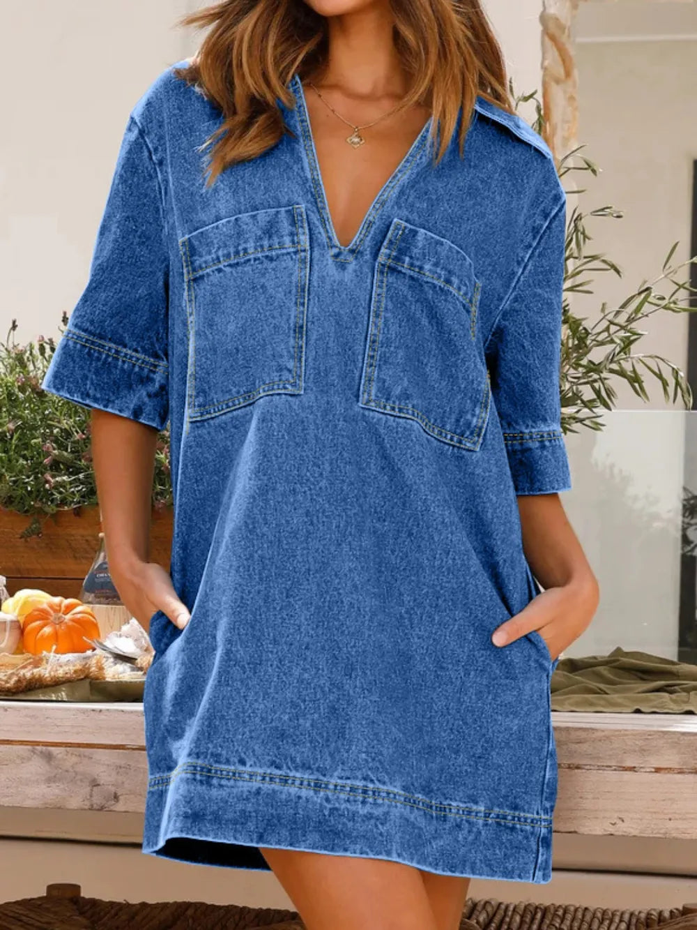 Collar Half Sleeve Denim Dress - Korvel