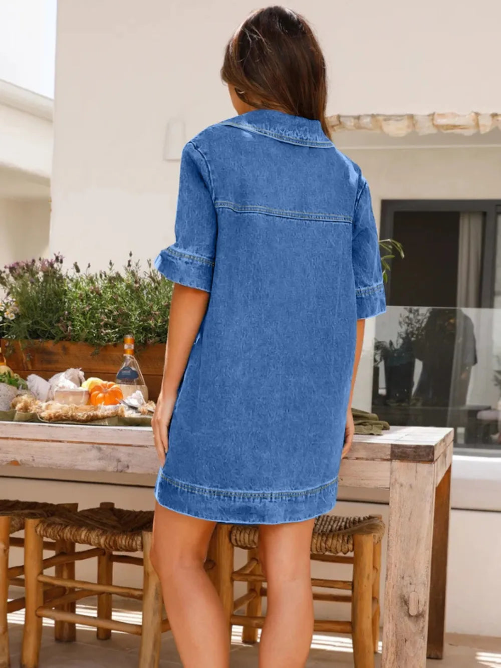 Collar Half Sleeve Denim Dress - Korvel