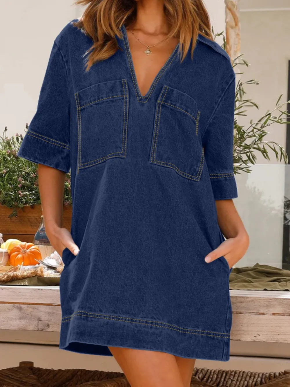 Collar Half Sleeve Denim Dress - Korvel
