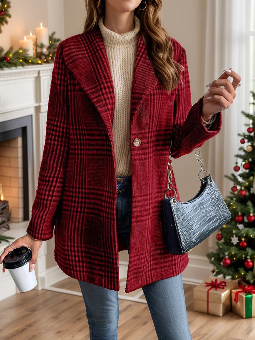 Collar woolen plaid coat with slim fit temperament - Korvel