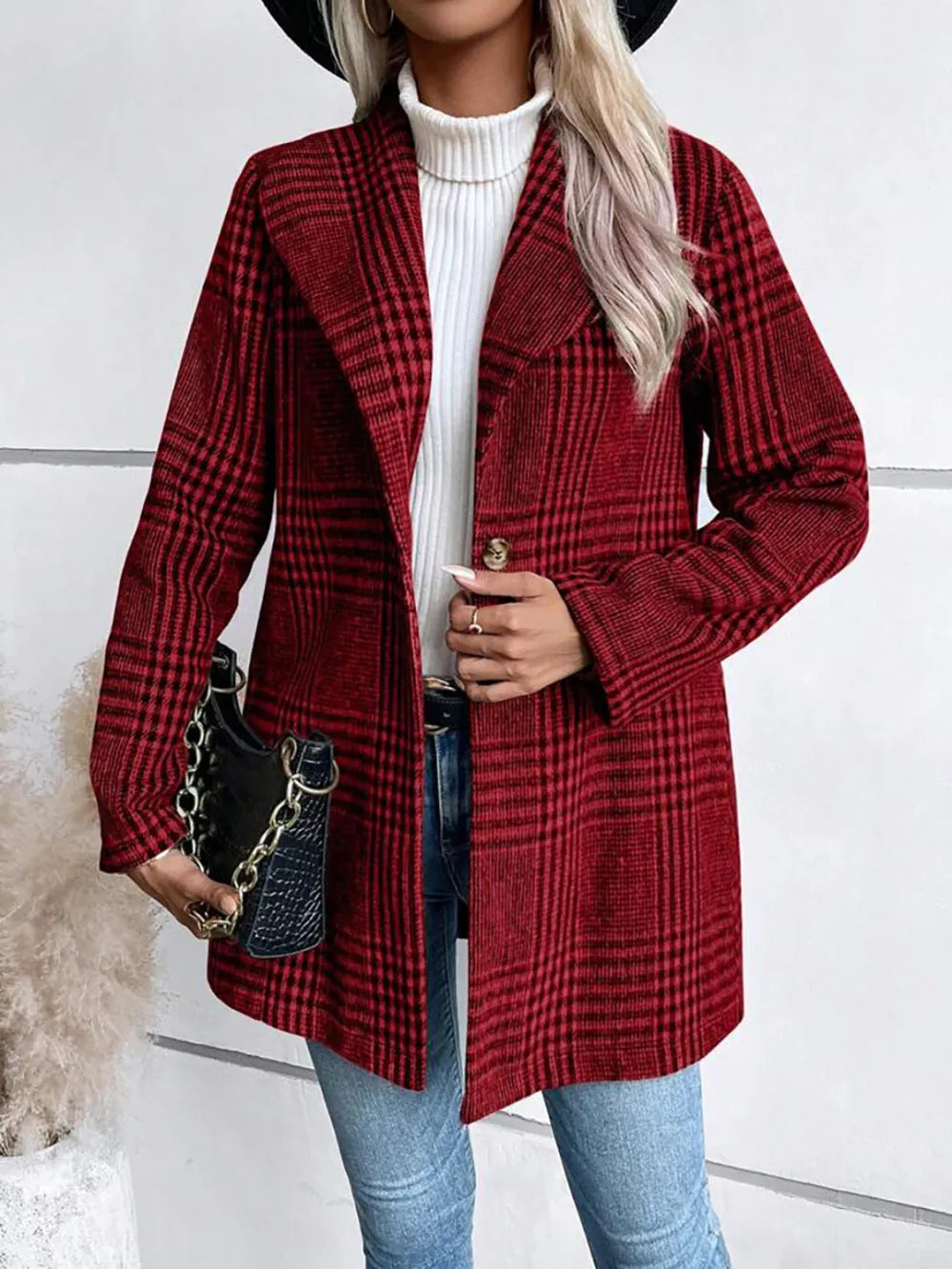 Collar woolen plaid coat with slim fit temperament - Korvel