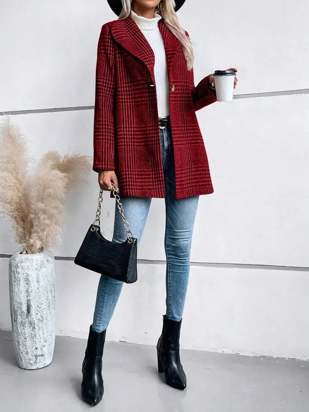 Collar woolen plaid coat with slim fit temperament - Korvel