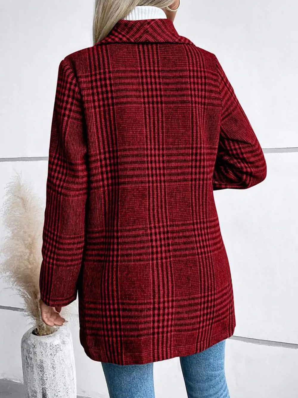 Collar woolen plaid coat with slim fit temperament - Korvel