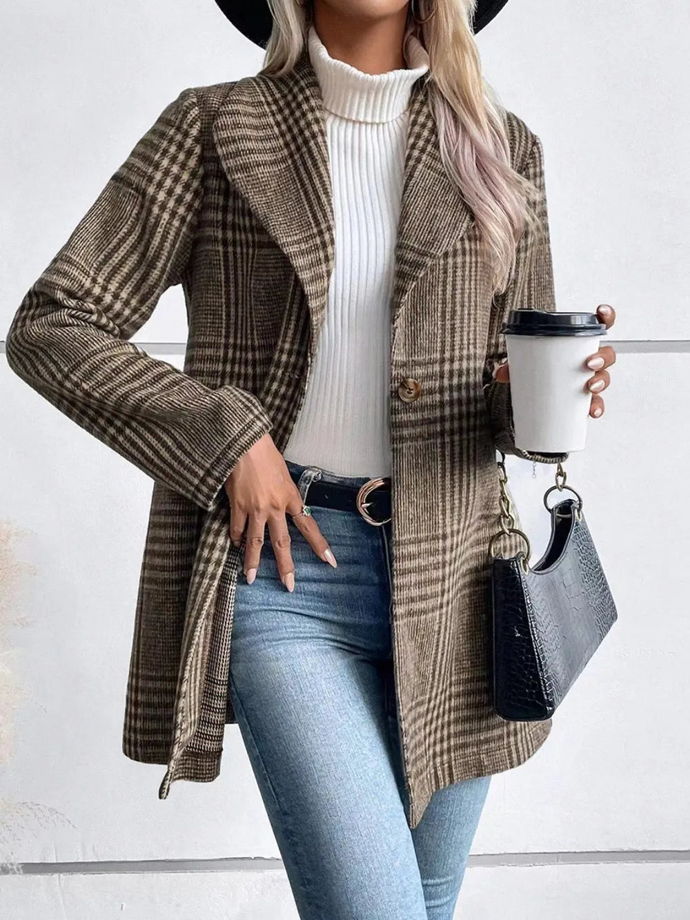 Collar woolen plaid coat with slim fit temperament - Korvel