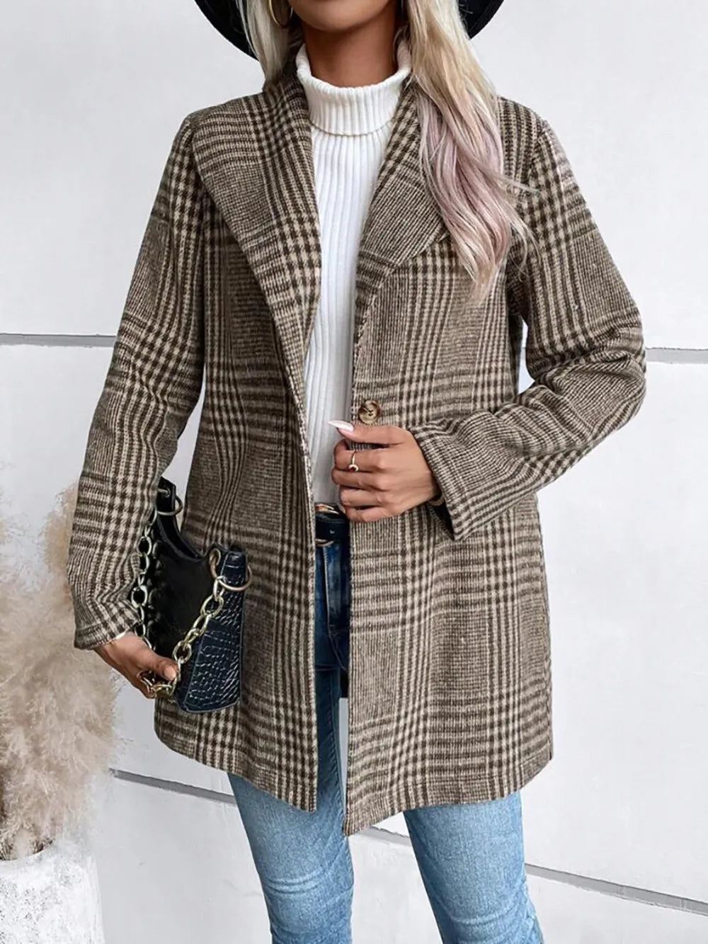 Collar woolen plaid coat with slim fit temperament - Korvel