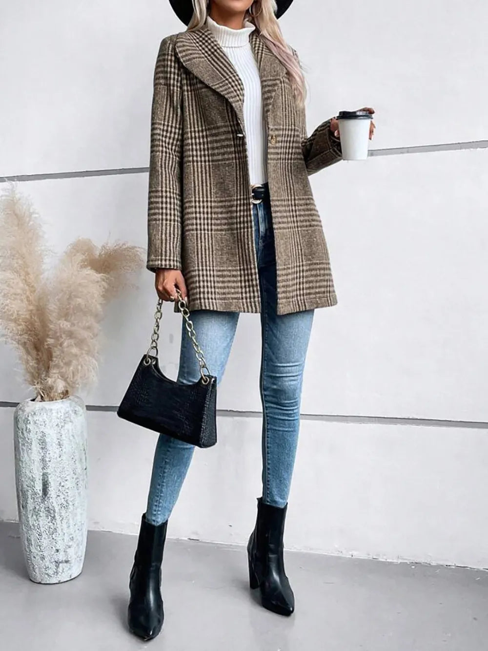 Collar woolen plaid coat with slim fit temperament - Korvel