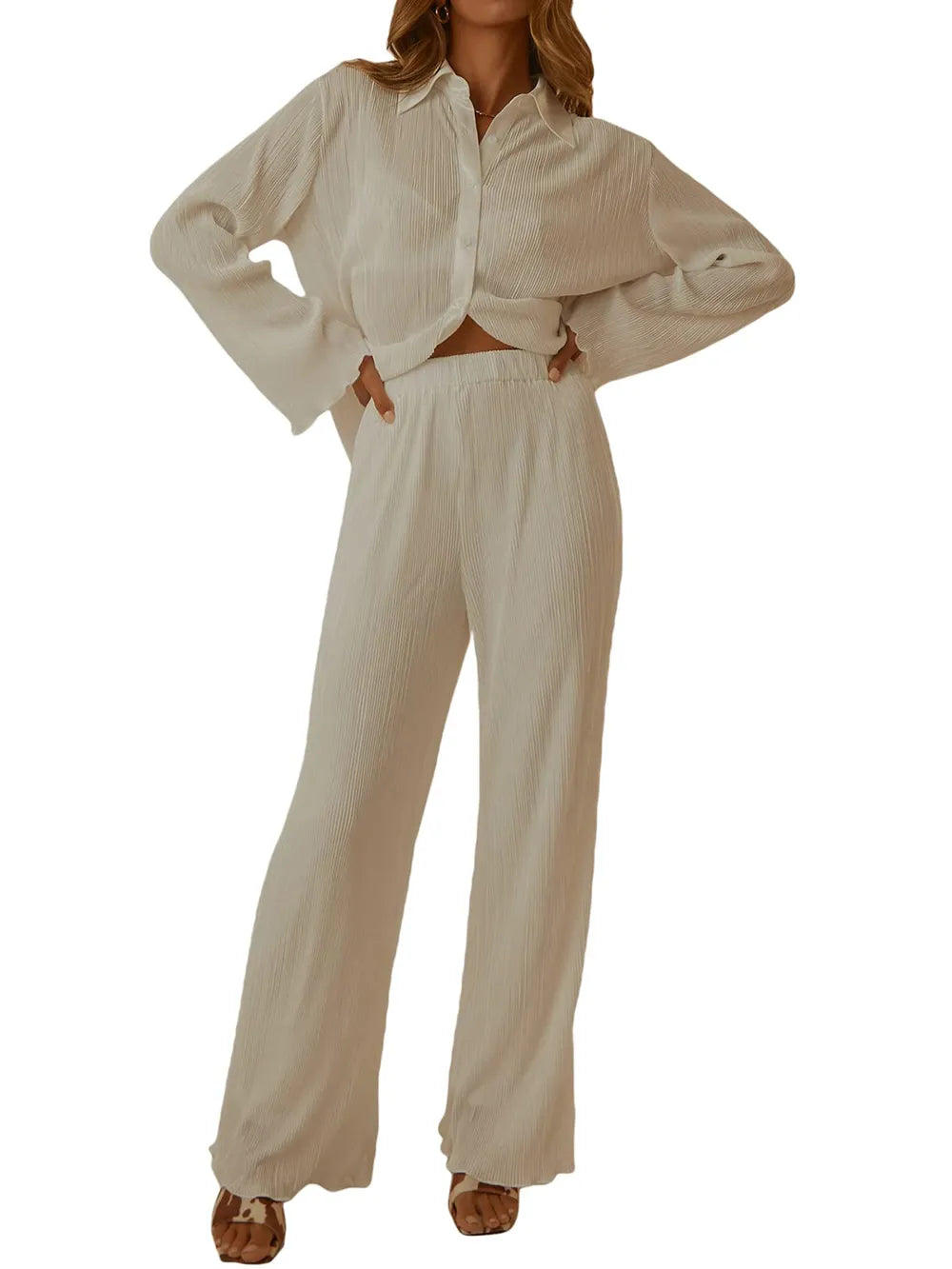 Collared Neck Long Sleeve Top and Pants Lounge Set - Korvel