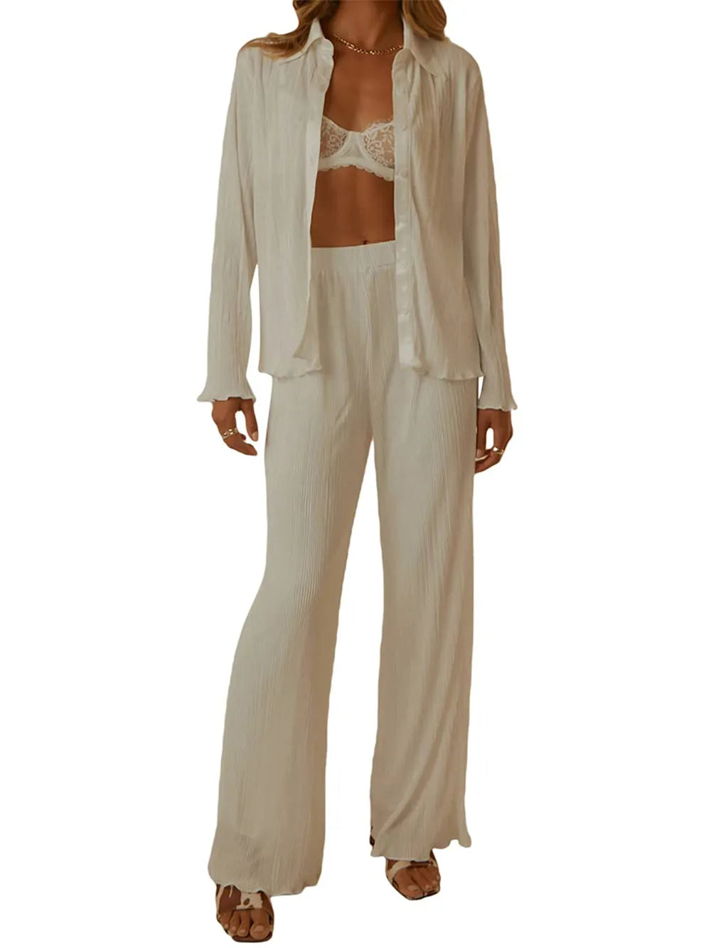 Collared Neck Long Sleeve Top and Pants Lounge Set - Korvel