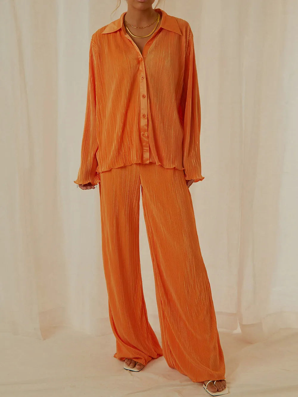 Collared Neck Long Sleeve Top and Pants Lounge Set - Korvel