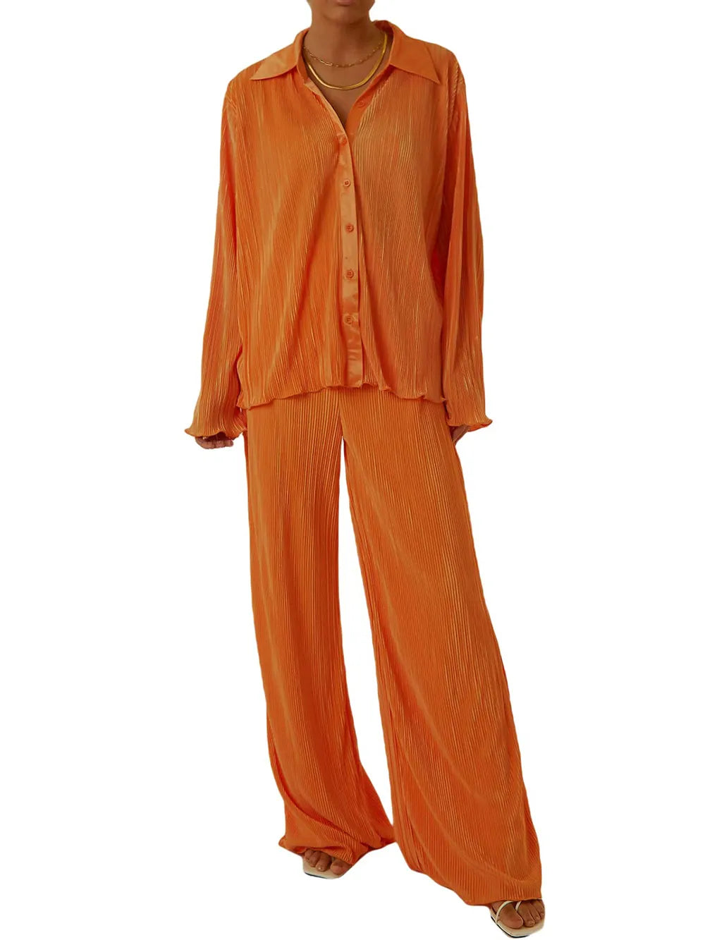 Collared Neck Long Sleeve Top and Pants Lounge Set - Korvel