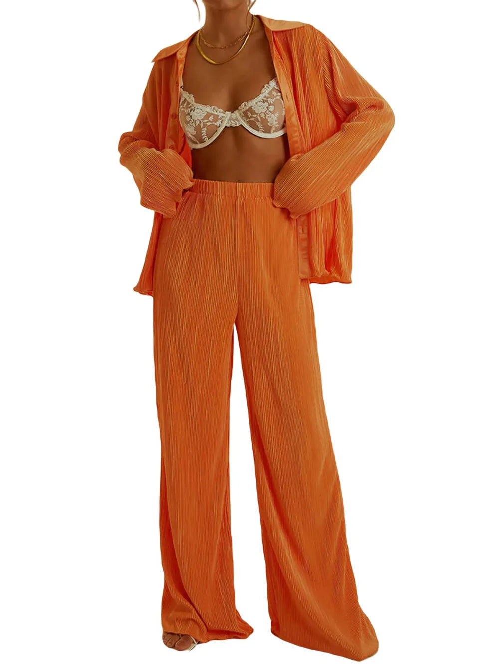 Collared Neck Long Sleeve Top and Pants Lounge Set - Korvel