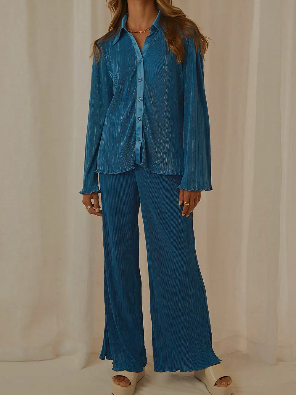 Collared Neck Long Sleeve Top and Pants Lounge Set - Korvel