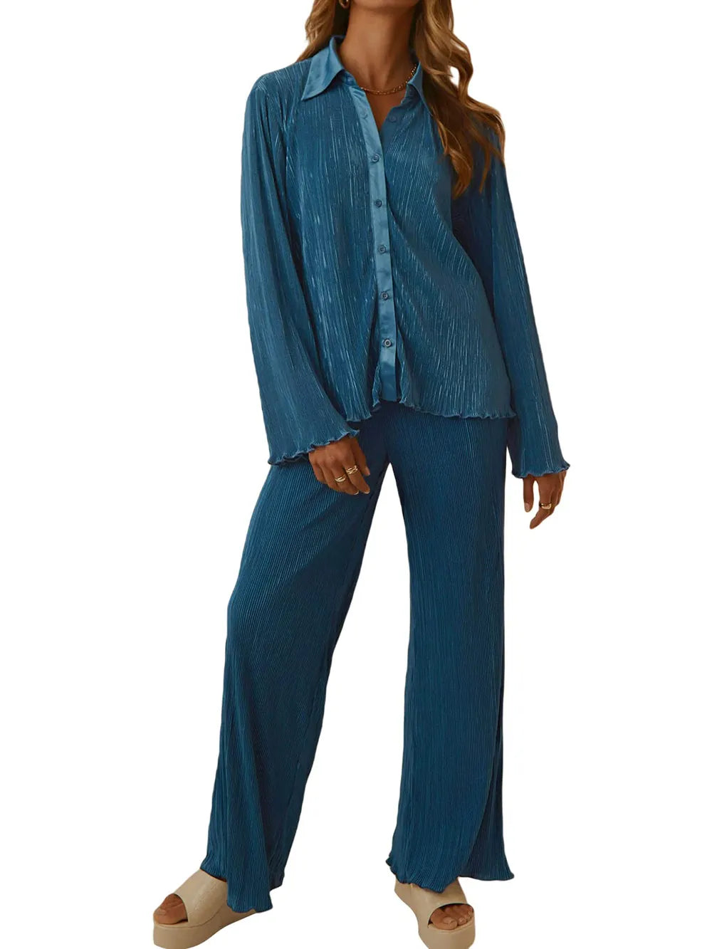 Collared Neck Long Sleeve Top and Pants Lounge Set - Korvel