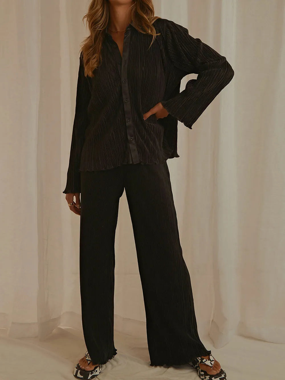 Collared Neck Long Sleeve Top and Pants Lounge Set - Korvel