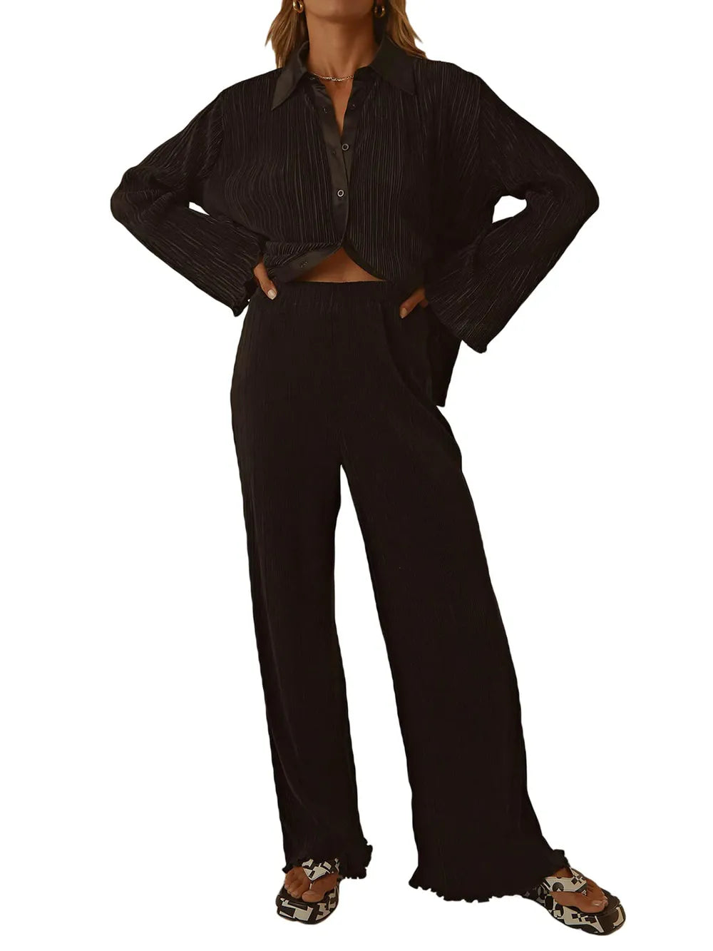 Collared Neck Long Sleeve Top and Pants Lounge Set - Korvel