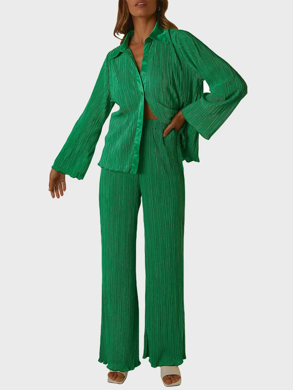 Collared Neck Long Sleeve Top and Pants Lounge Set - Korvel