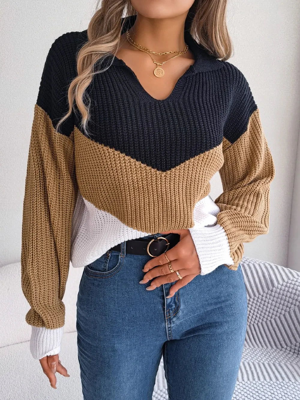 Color Block Dropped Shoulder Sweater - Korvel