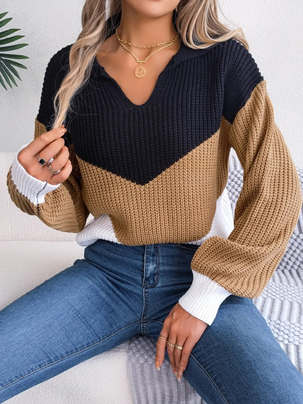 Color Block Dropped Shoulder Sweater - Korvel