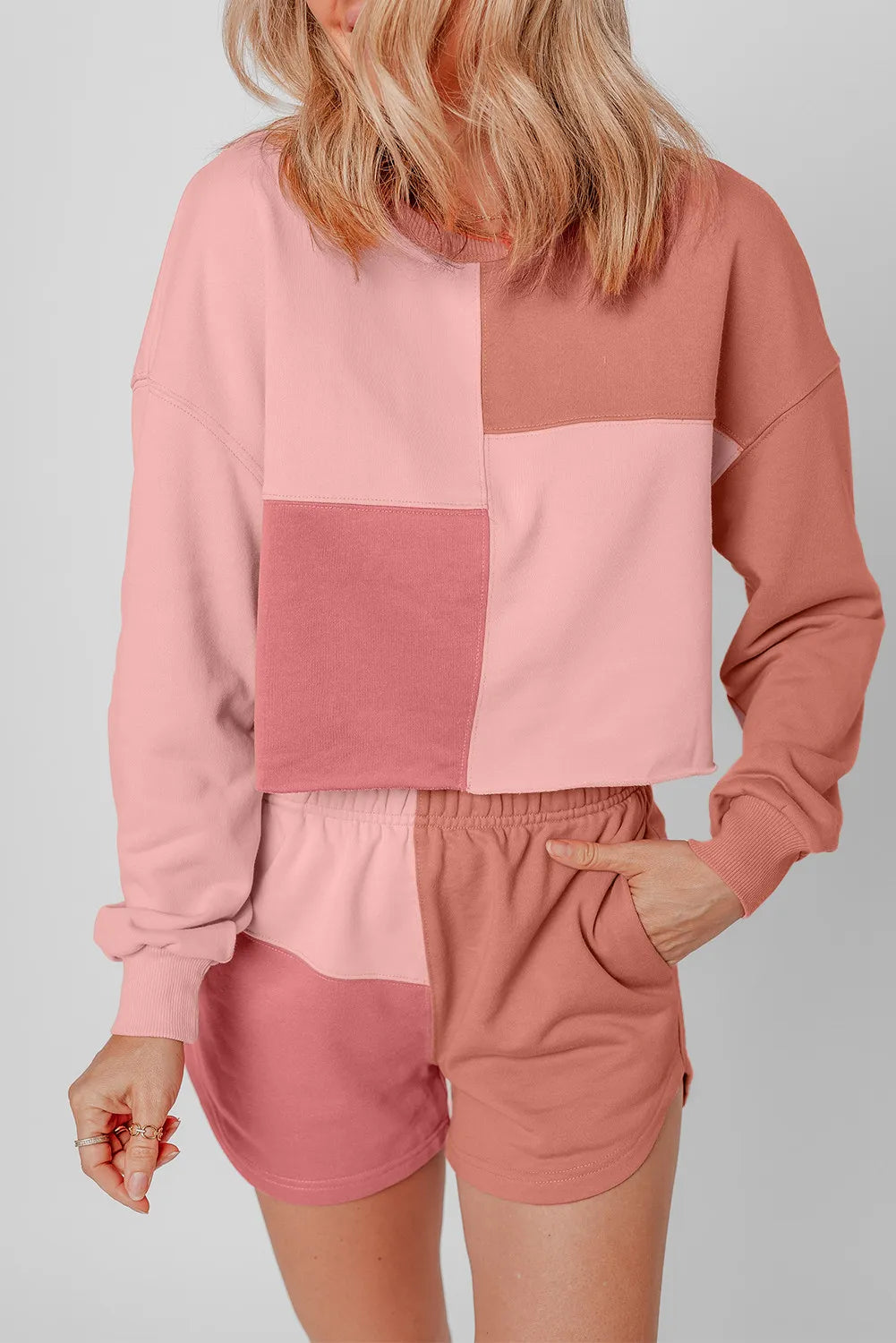 Color Block Round Neck Top and Shorts Set - Korvel