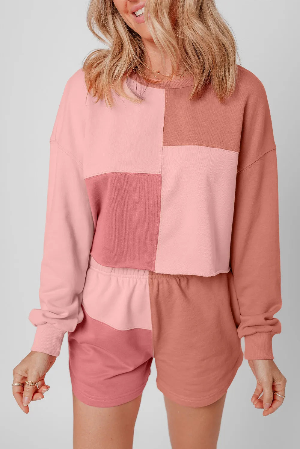 Color Block Round Neck Top and Shorts Set - Korvel