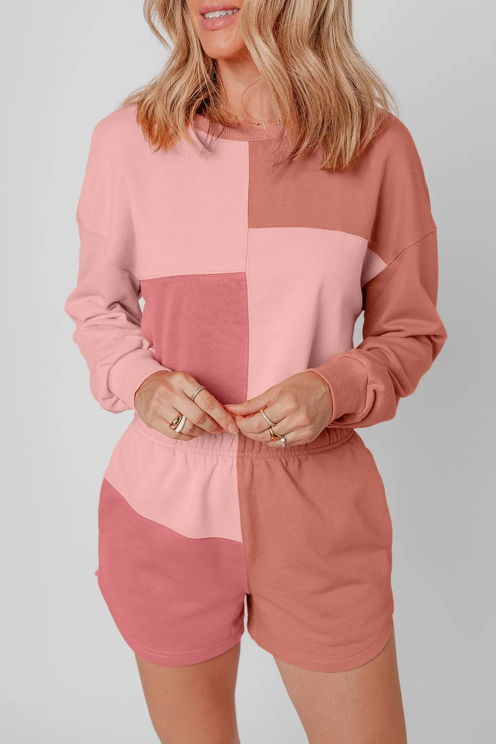 Color Block Round Neck Top and Shorts Set - Korvel
