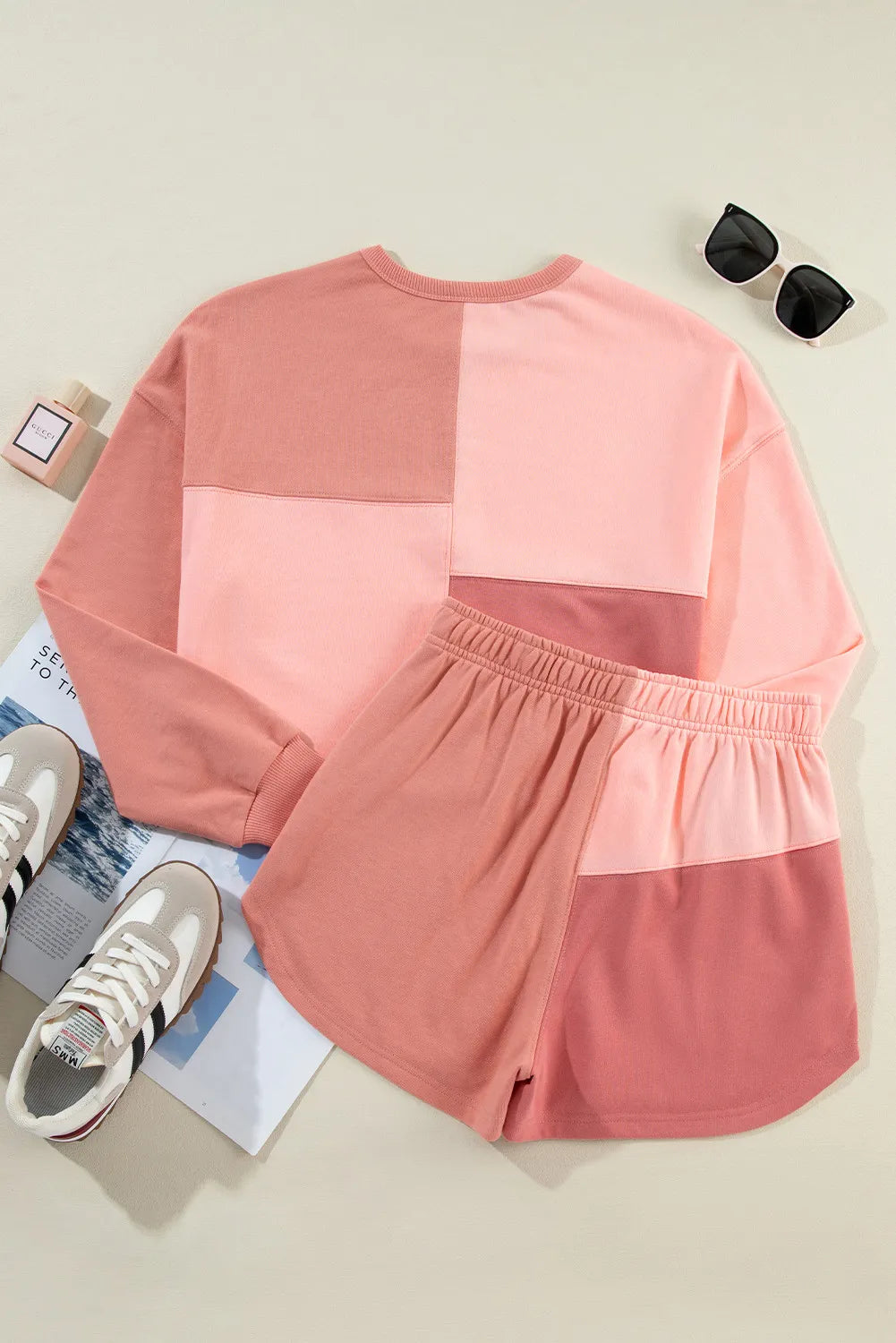 Color Block Round Neck Top and Shorts Set - Korvel