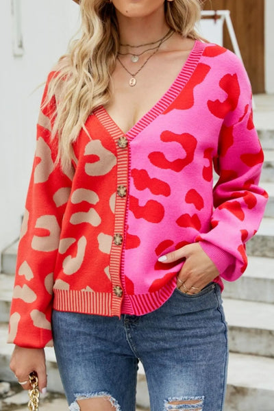 Color Blocked Leopard Print V-Neck Cardigan Sweater