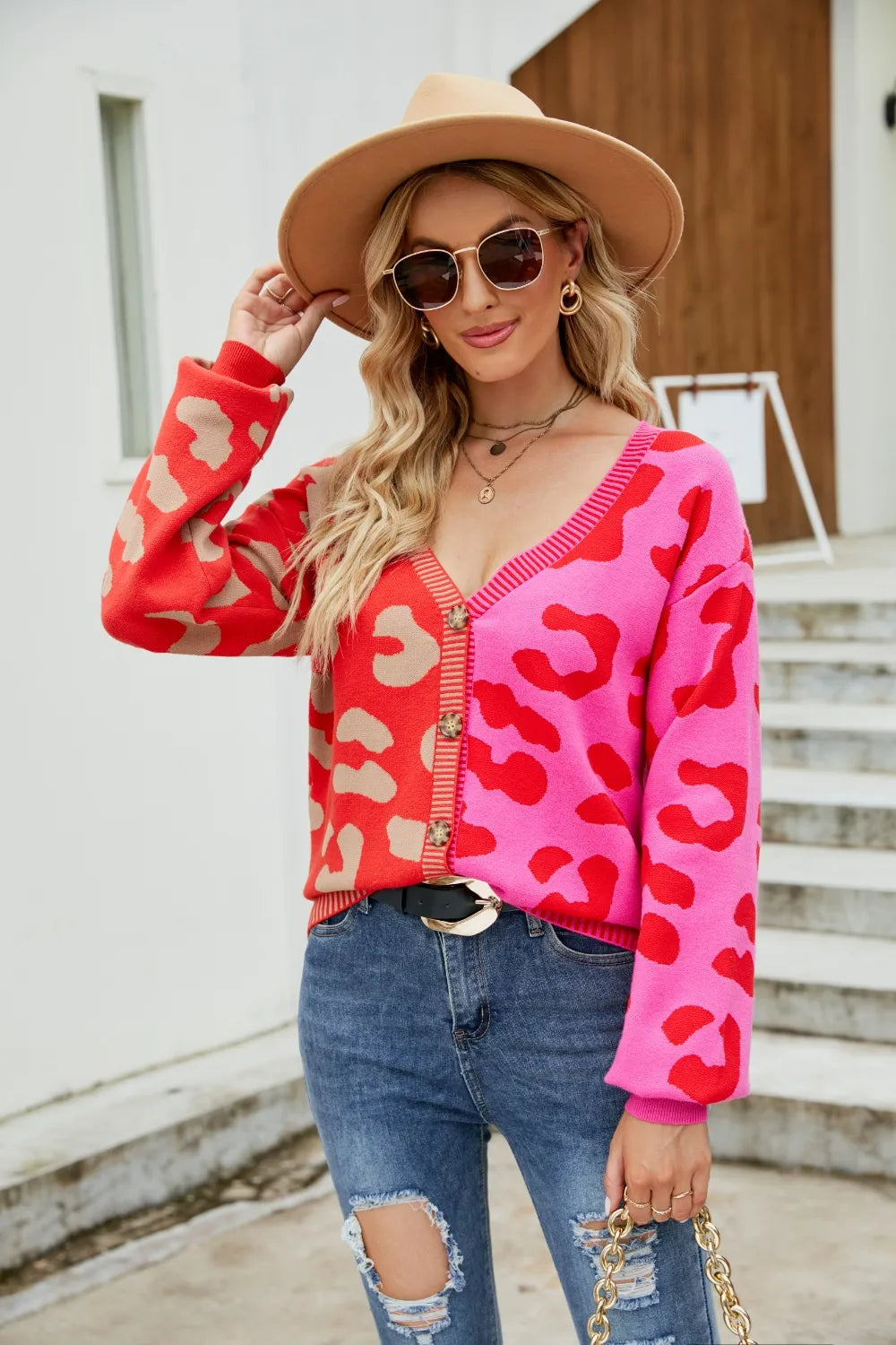 Color Blocked Leopard Print V-Neck Cardigan Sweater