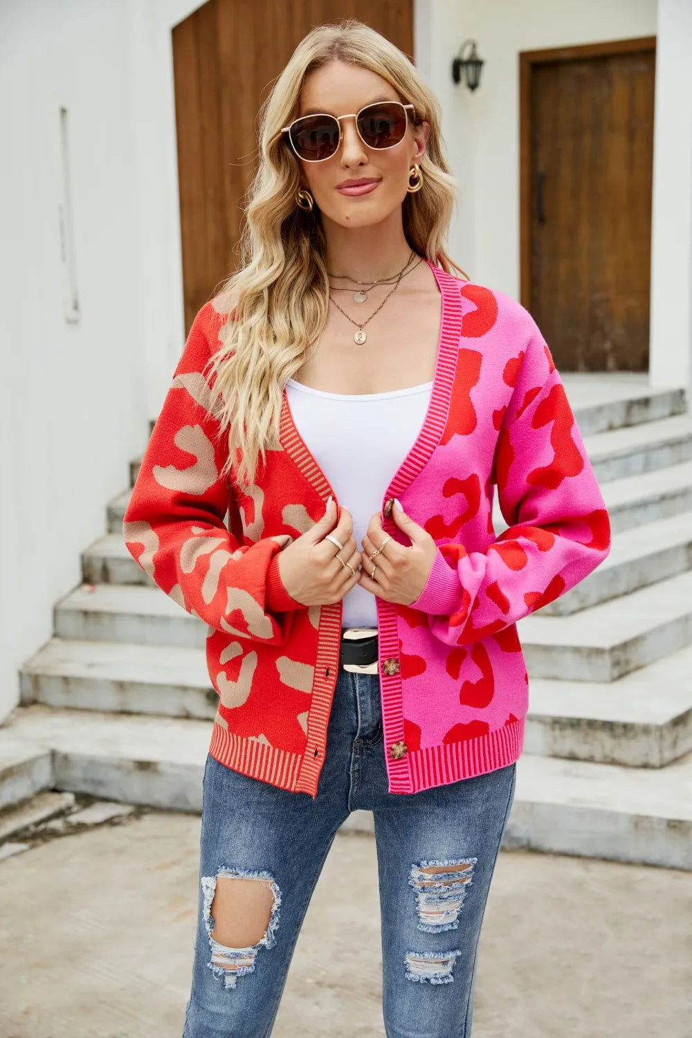Color Blocked Leopard Print V-Neck Cardigan Sweater