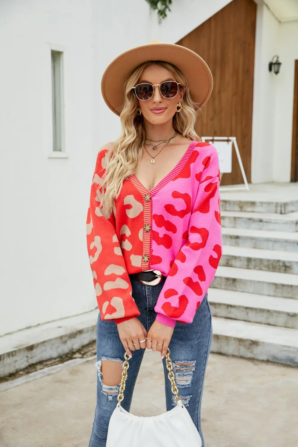 Color Blocked Leopard Print V-Neck Cardigan Sweater